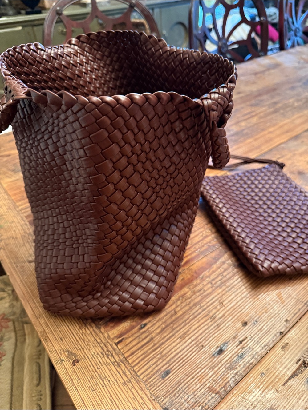 Woven Brown Bucket Bag with Matching Pouch